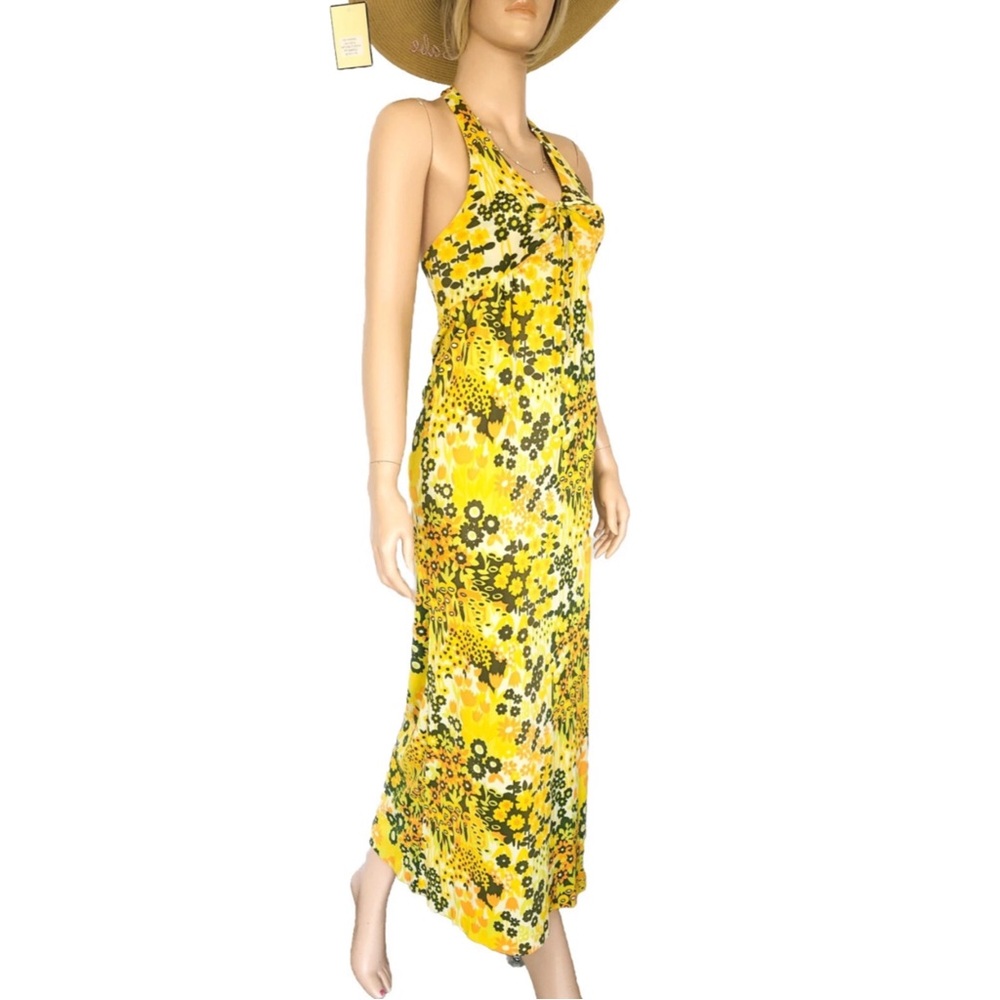 Floral Yellow Backless Halter Sundress maxi garden party summer gown dress